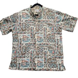 Reyn Spooner Mens XL Hawaiian Shirt Sailboat Diamond Head Reverse Print Tan Teal